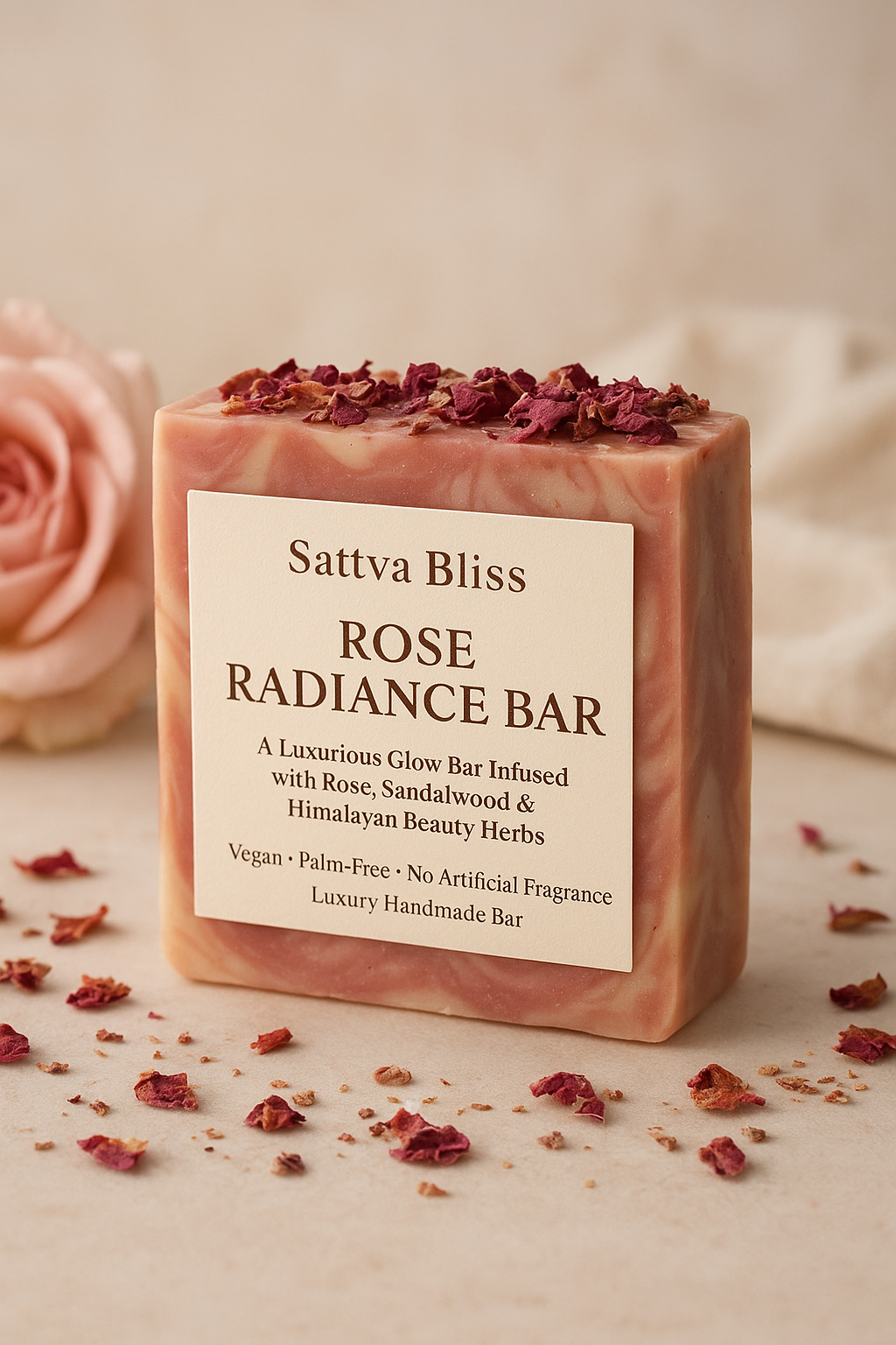 Sattva Bliss – Rose Radiance Bar | Luxury Rose Glow Soap with Sandalwood & Himalayan Beauty Herbs